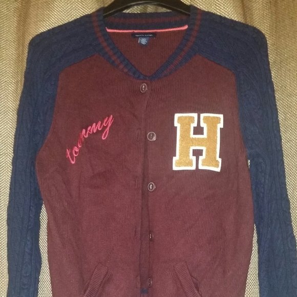 Tommy Hilfiger Burgundy & Navy Varsity Cardigan w Cable Knit Sleeves Sz L - Picture 6 of 7